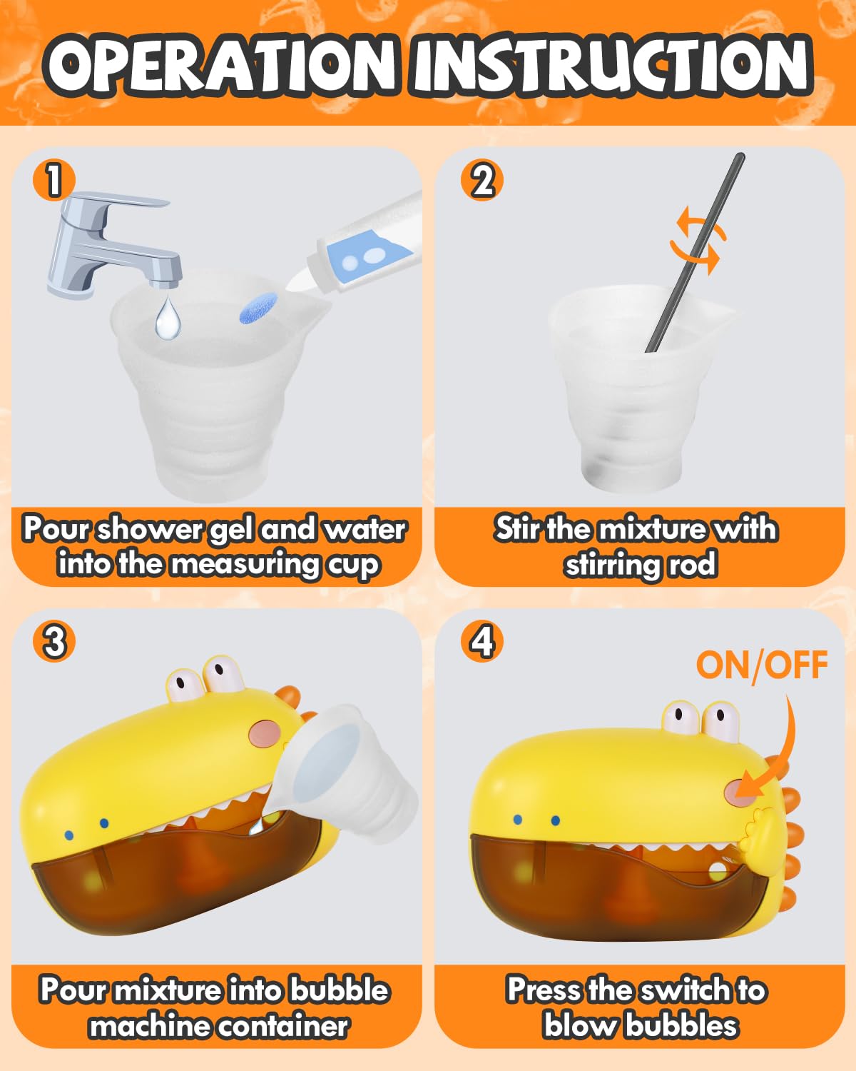 Lehoo Castle Dinosaur Bath Bubble Machine - Yellow, IP6 Waterproof, 2 Play Modes, for Kids Ages 1-3