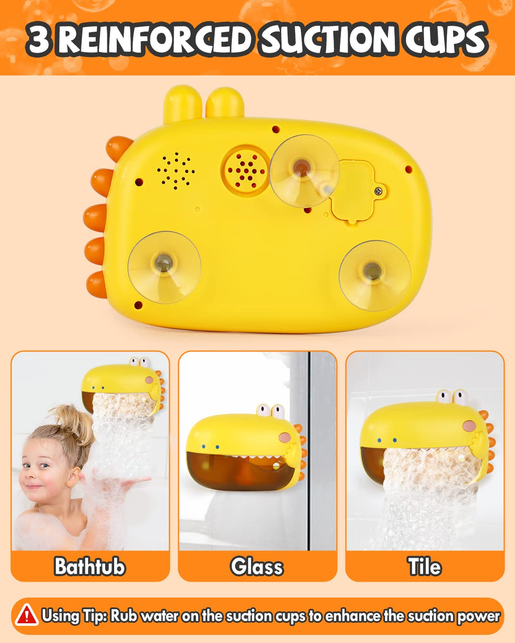 Lehoo Castle Dinosaur Bath Bubble Machine - Yellow, IP6 Waterproof, 2 Play Modes, for Kids Ages 1-3