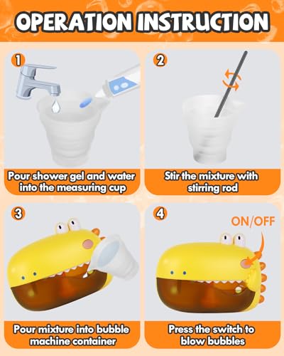 Lehoo Castle Dinosaur Bath Bubble Machine - Yellow, IP6 Waterproof, 2 Play Modes, for Kids Ages 1-3