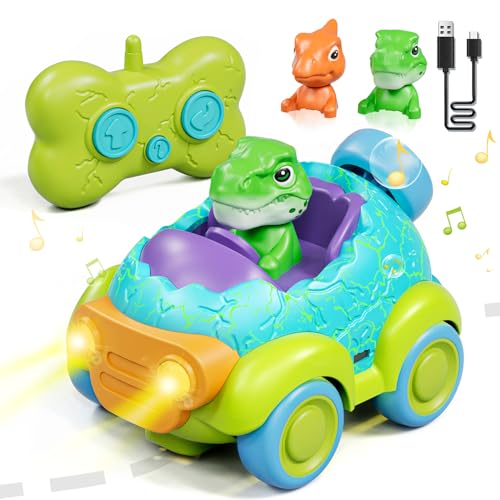 Lehoo Castle Dinosaur Remote Control Car for Toddlers Ages 2-4 - Rechargeable RC Toy with Lights & Music, 2-Button Controls, ABS Plastic