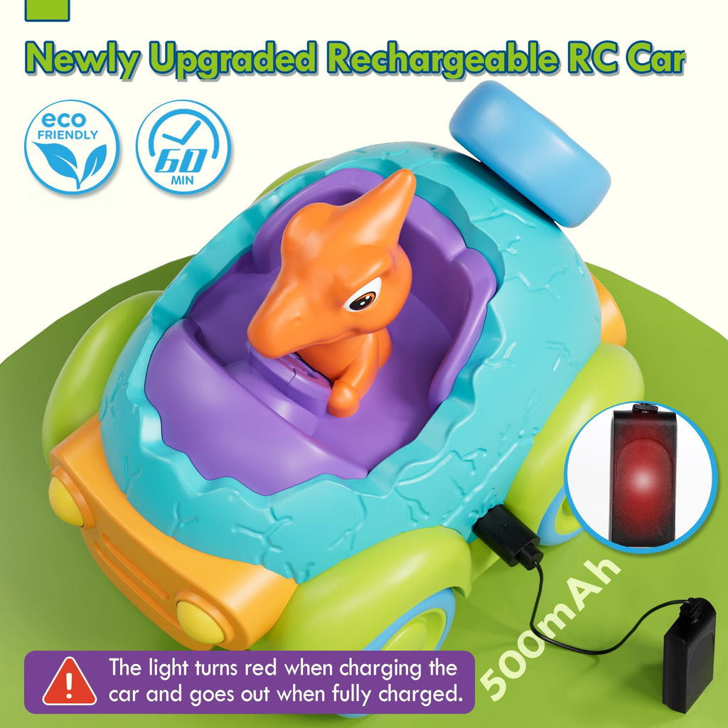 Lehoo Castle Dinosaur Remote Control Car for Toddlers Ages 2-4 - Rechargeable RC Toy with Lights & Music, 2-Button Controls, ABS Plastic