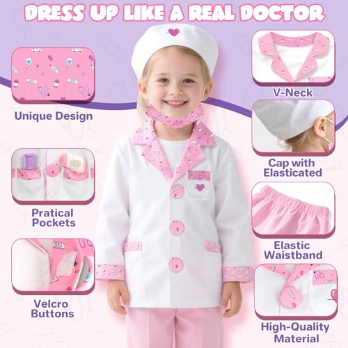 Lehoo Castle Doctor Costume for Kids – 8-Piece Pretend Play Set with Stethoscope (Ages 4-6)