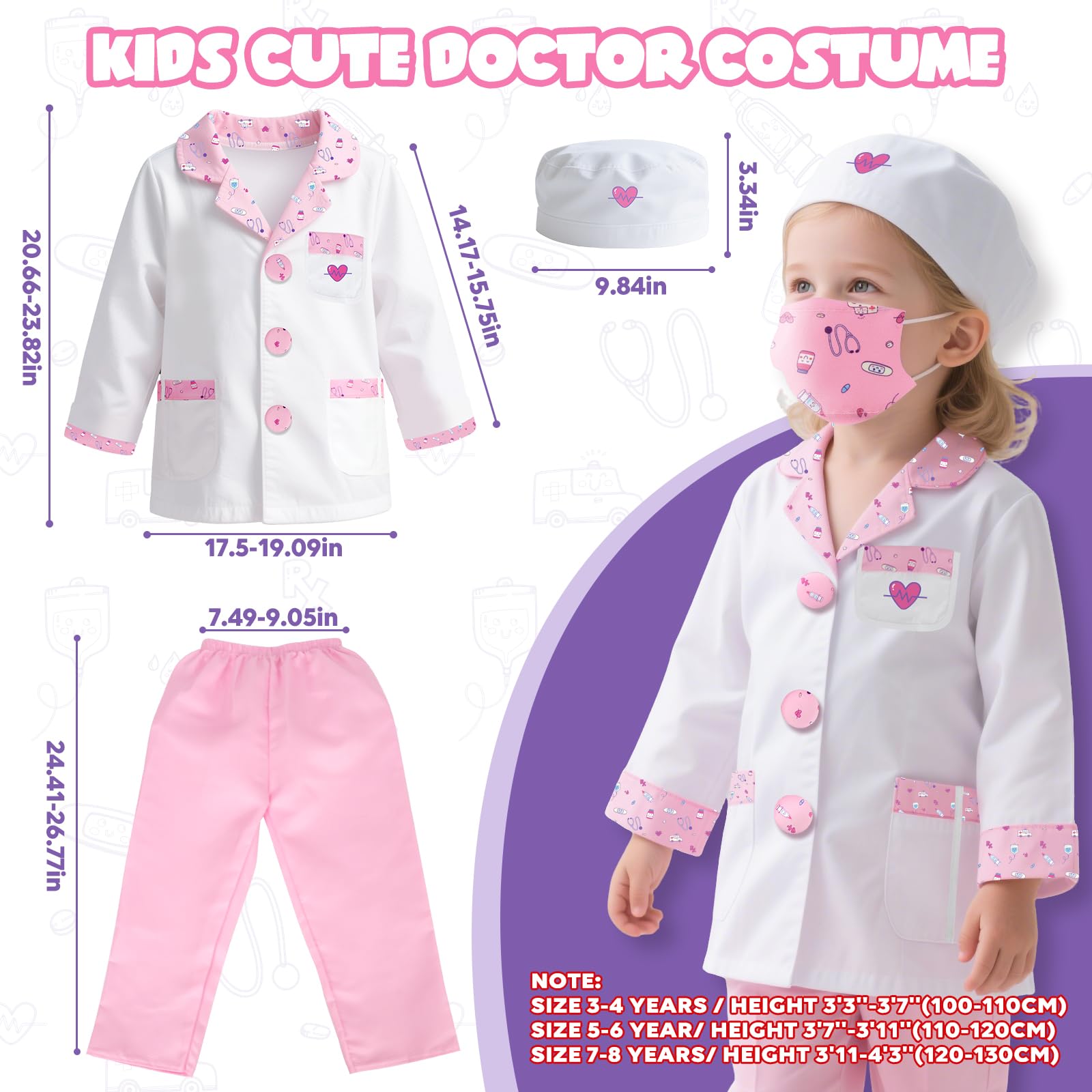 Lehoo Castle Doctor Costume for Kids – 8-Piece Pretend Play Set with Stethoscope (Ages 4-6)