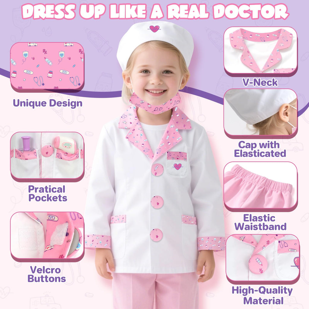 Lehoo Castle Doctor Costume for Kids – 8-Piece Pretend Play Set with Stethoscope (Ages 4-6)