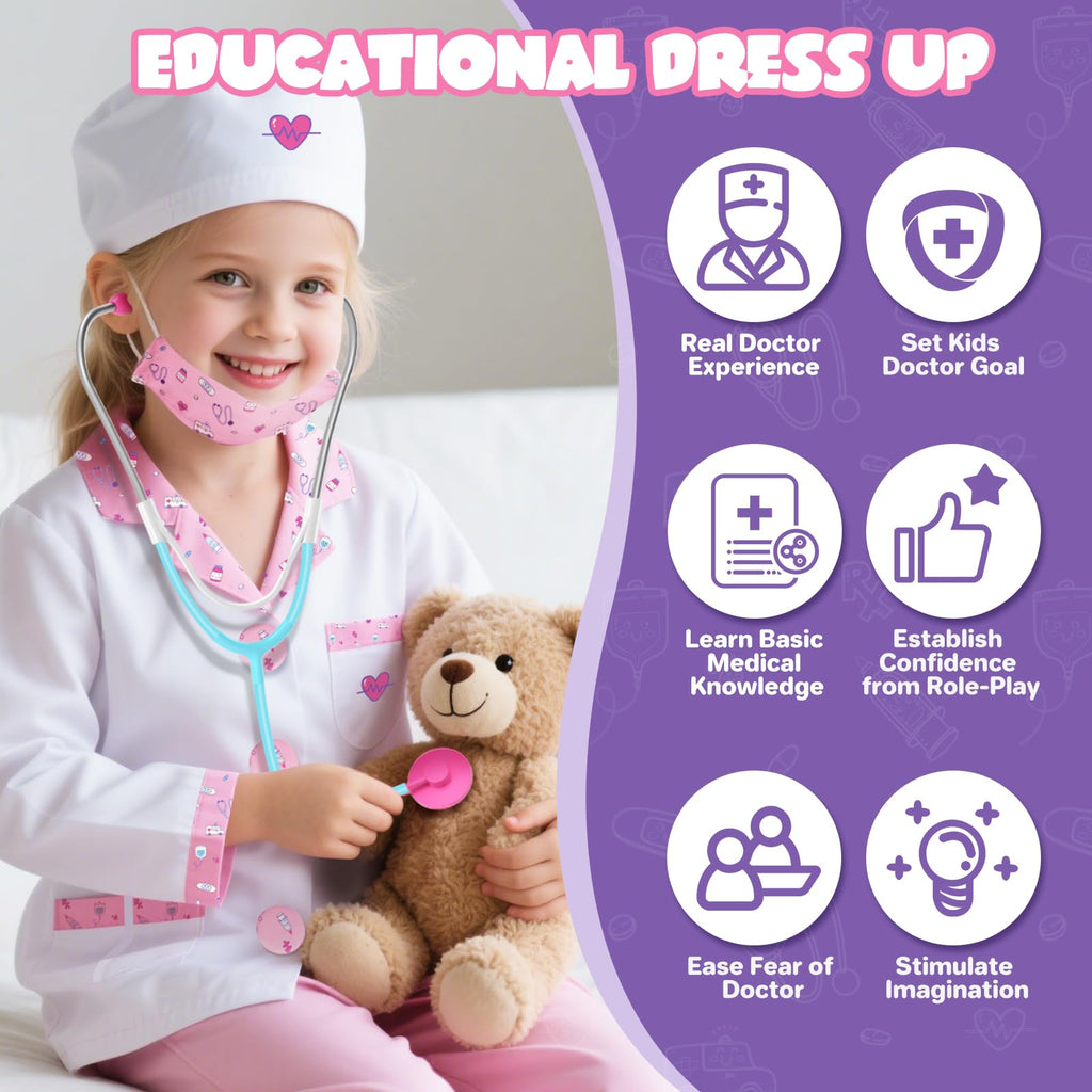 Lehoo Castle Doctor Costume for Kids – 8-Piece Pretend Play Set with Stethoscope (Ages 4-6)