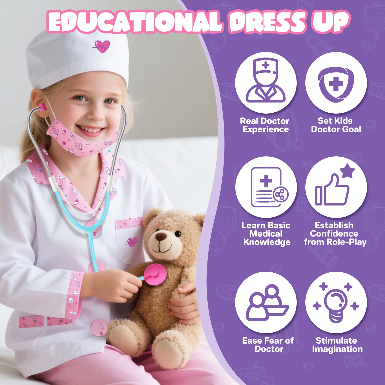 Lehoo Castle Doctor Costume for Kids – 8-Piece Pretend Play Set with Stethoscope (Ages 4-6)