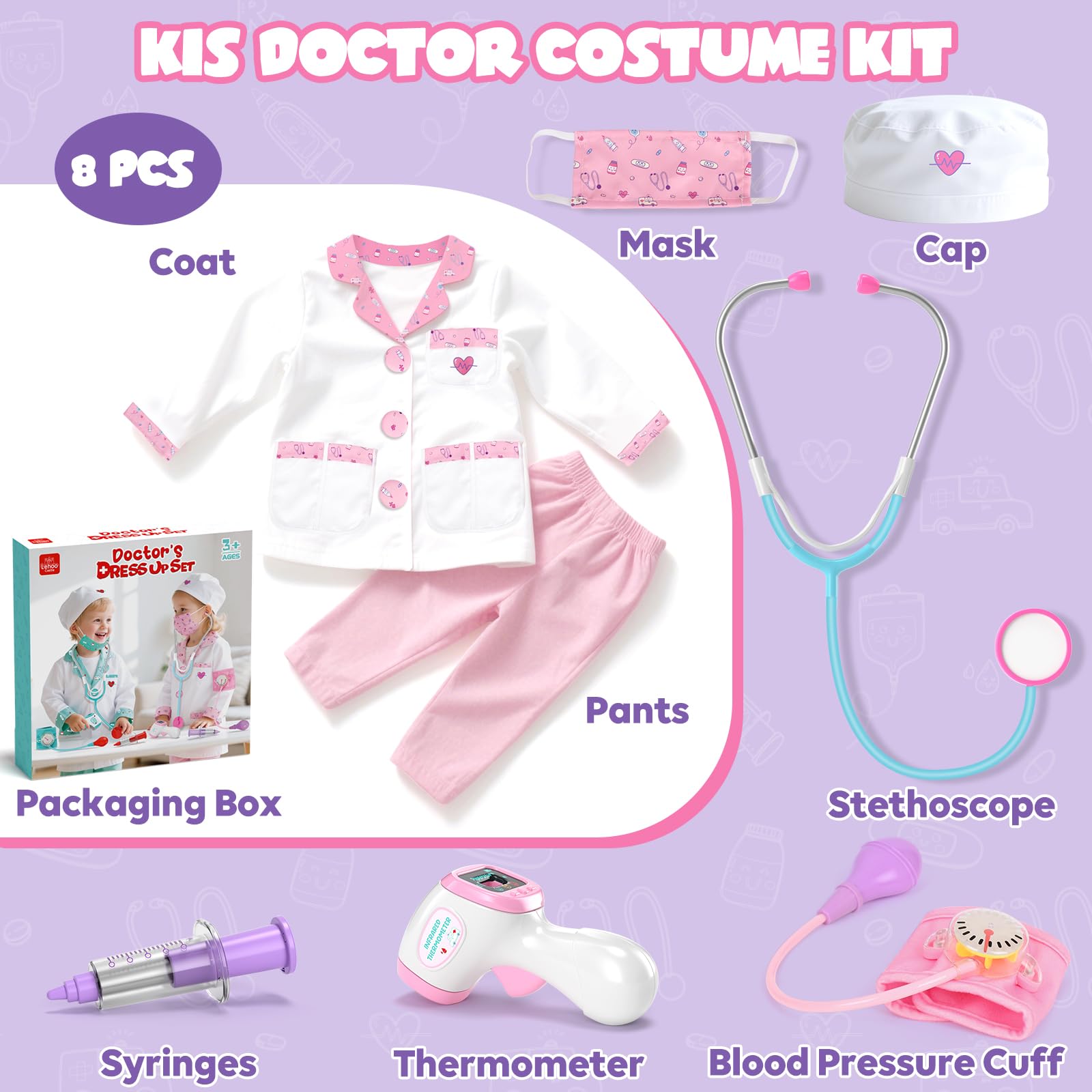 Lehoo Castle Doctor Costume for Kids – 8-Piece Pretend Play Set with Stethoscope (Ages 4-6)