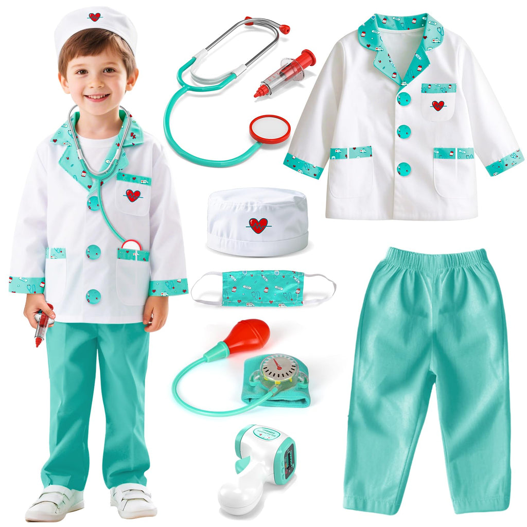 Lehoo Castle Kids Doctor Costume – 8-Piece Dress-Up Set with Working Stethoscope for Ages 4-6