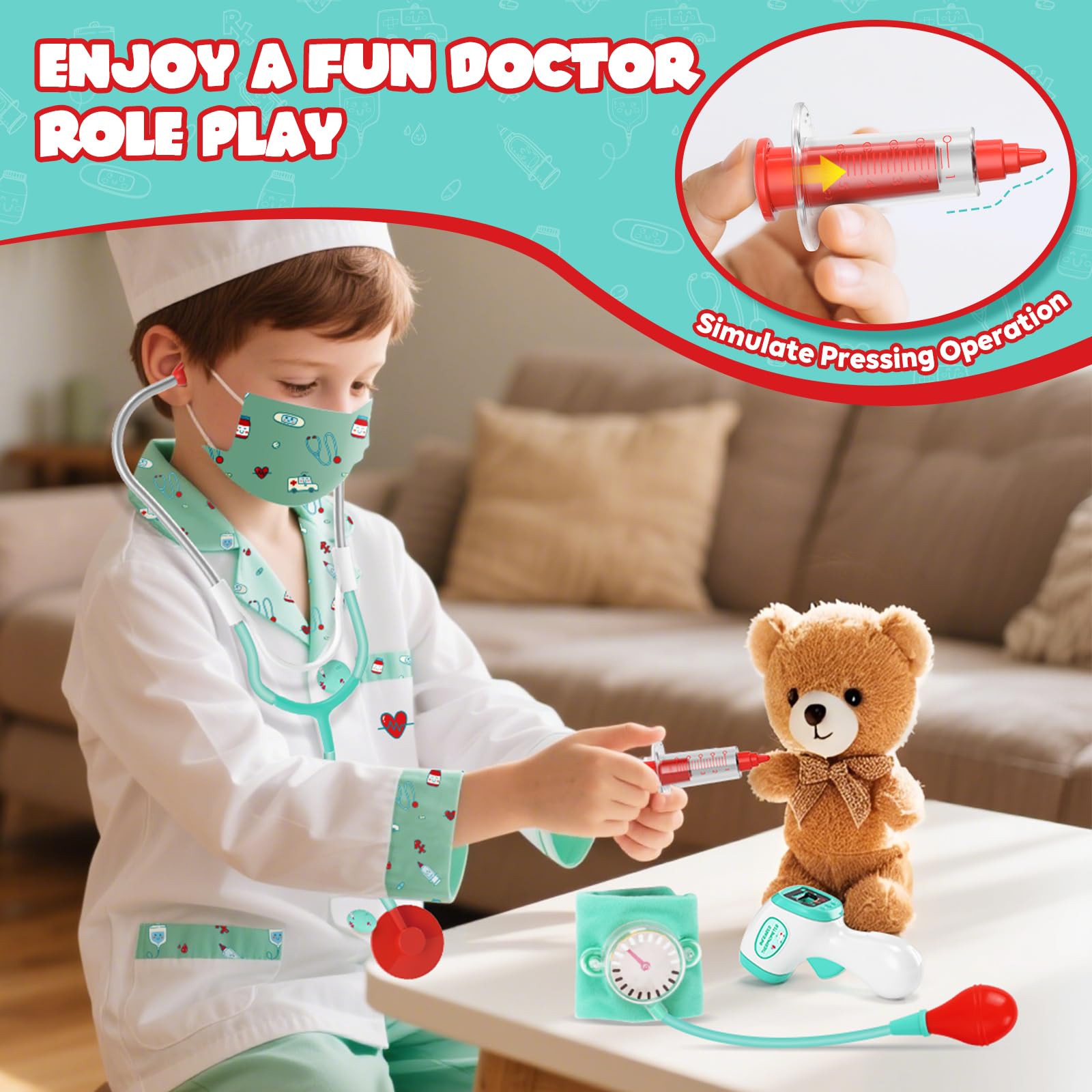 Lehoo Castle Kids Doctor Costume – 8-Piece Dress-Up Set with Working Stethoscope for Ages 4-6