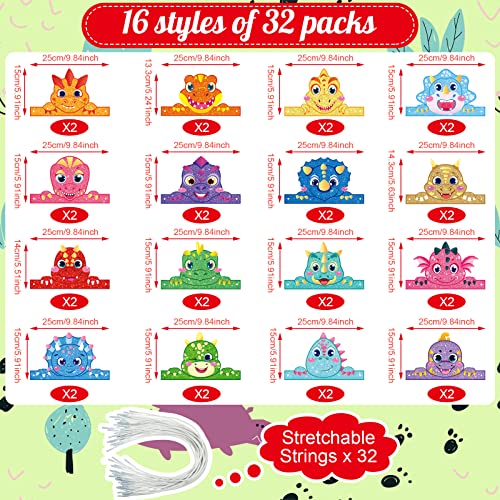 Leinuosen 32-Pack Dinosaur Party Hats – 16 Styles DIY Paper Crowns for Kids Birthday