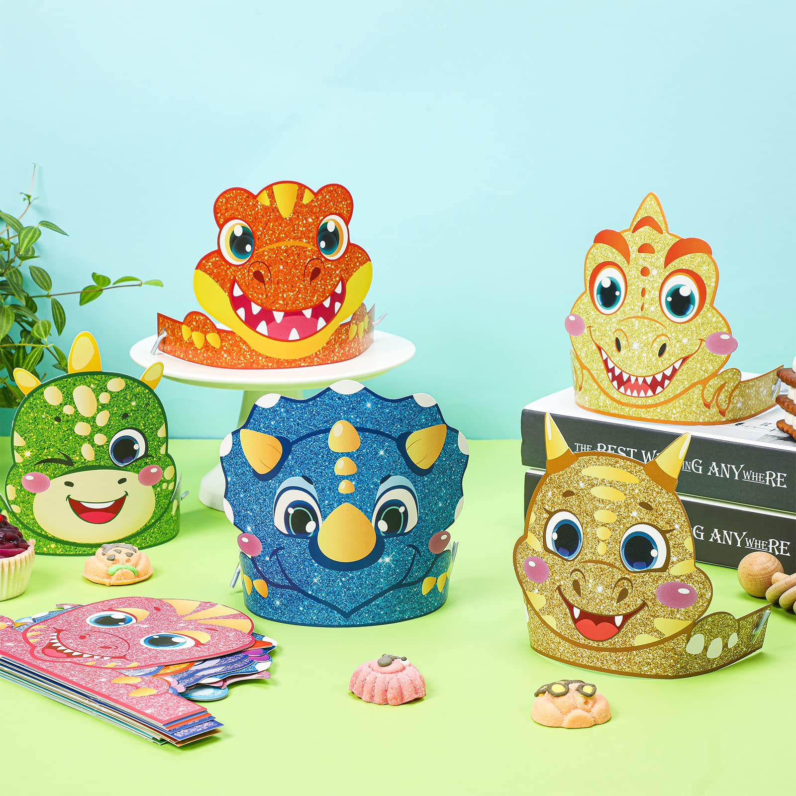 Leinuosen 32-Pack Dinosaur Party Hats – 16 Styles DIY Paper Crowns for Kids Birthday