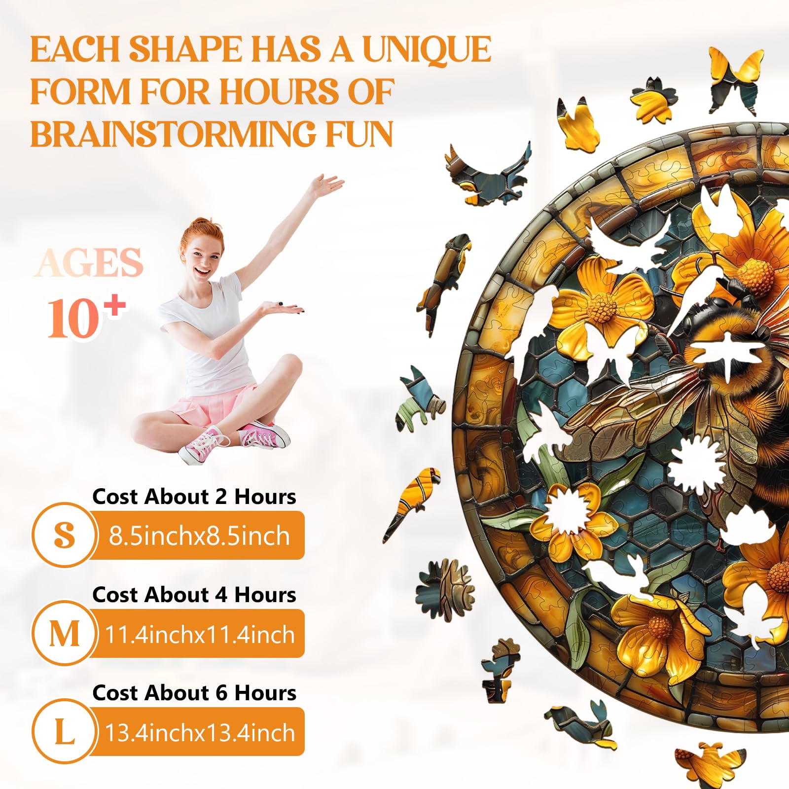 Leisurely Bee Wooden Puzzle for Adults – 100 Irregular Shaped Pieces, 8.5x8.5 Inch Jigsaw