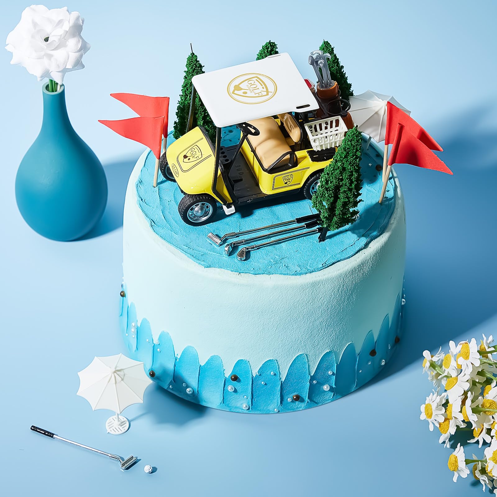 Leitee 21 Pcs Golf Cake Topper Set - Mini Cart, Clubs, Balls, Trees, Umbrellas, Flags