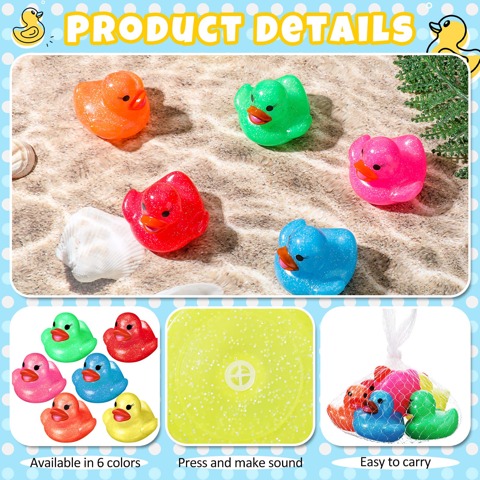 Leitee 24 Pack Glitter Rubber Ducks - Neon Color Mini Duckies for Bath, Pool, and Decor