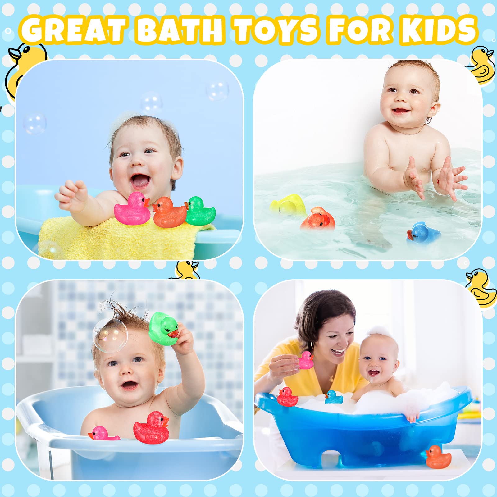 Leitee 24 Pack Glitter Rubber Ducks - Neon Color Mini Duckies for Bath, Pool, and Decor
