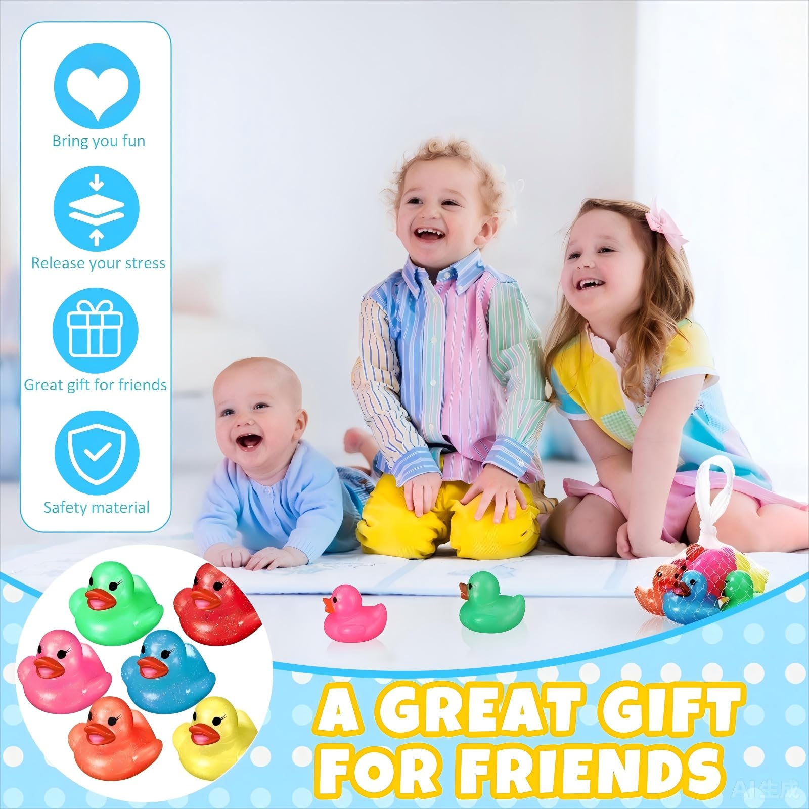 Leitee 24 Pack Glitter Rubber Ducks - Neon Color Mini Duckies for Bath, Pool, and Decor