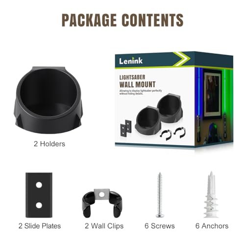 Lenink 2 Pack Lightsaber Wall Mount - Black ABS Holder for 1-Inch Blades, Includes Hardware