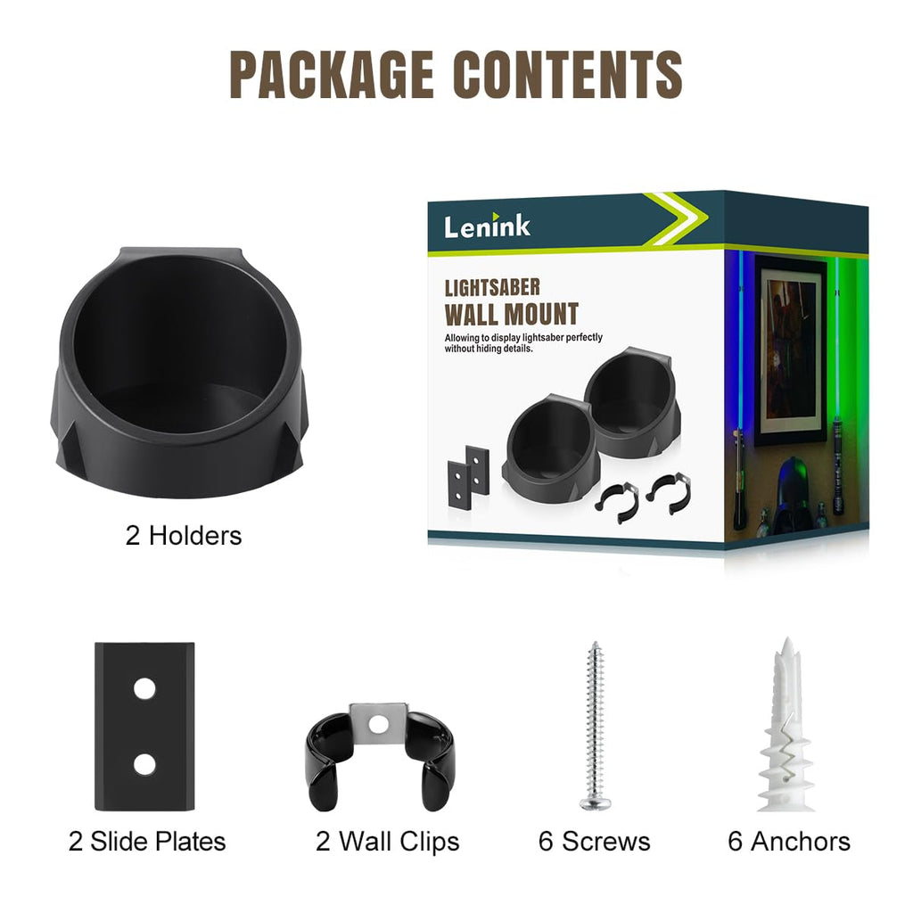 Lenink 2 Pack Lightsaber Wall Mount - Black ABS Holder for 1-Inch Blades, Includes Hardware