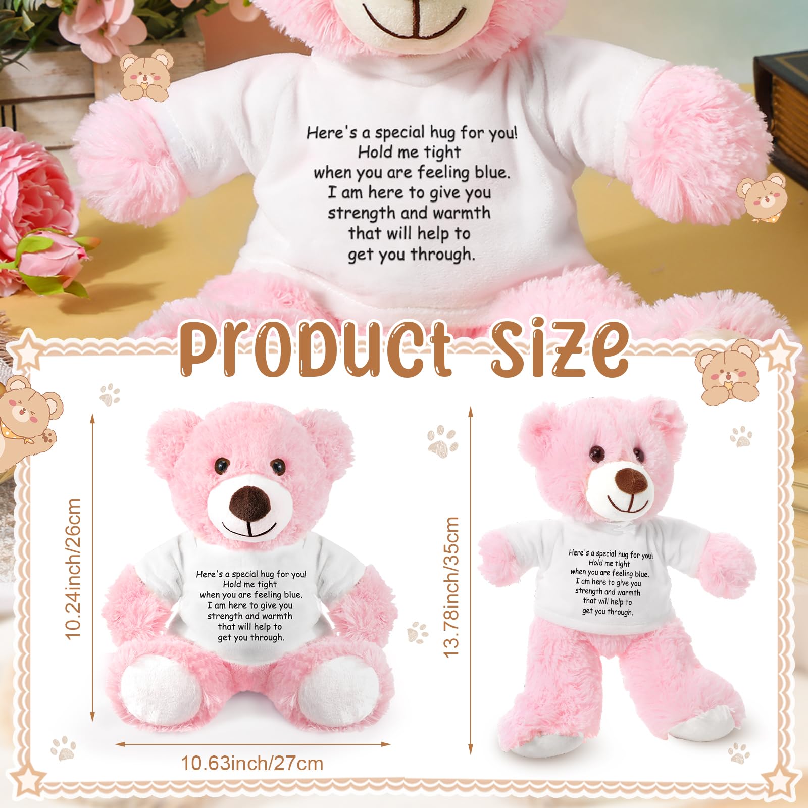 Lenwen Pink Get Well Soon Bear with Comforting Shirt Plush for Sympathy Gift 35 cm