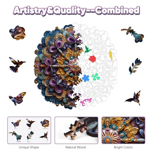 Leodozzio Mandala Purple Flower Wooden Puzzle – 200 Piece Shaped Jigsaw for Adults and Families