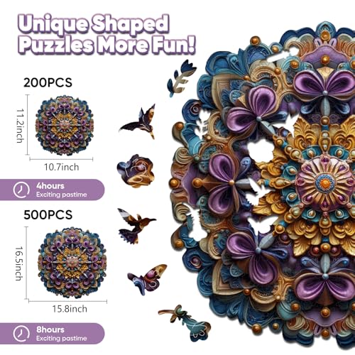 Leodozzio Mandala Purple Flower Wooden Puzzle – 200 Piece Shaped Jigsaw for Adults and Families
