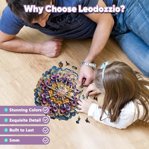Leodozzio Mandala Purple Flower Wooden Puzzle – 200 Piece Shaped Jigsaw for Adults and Families