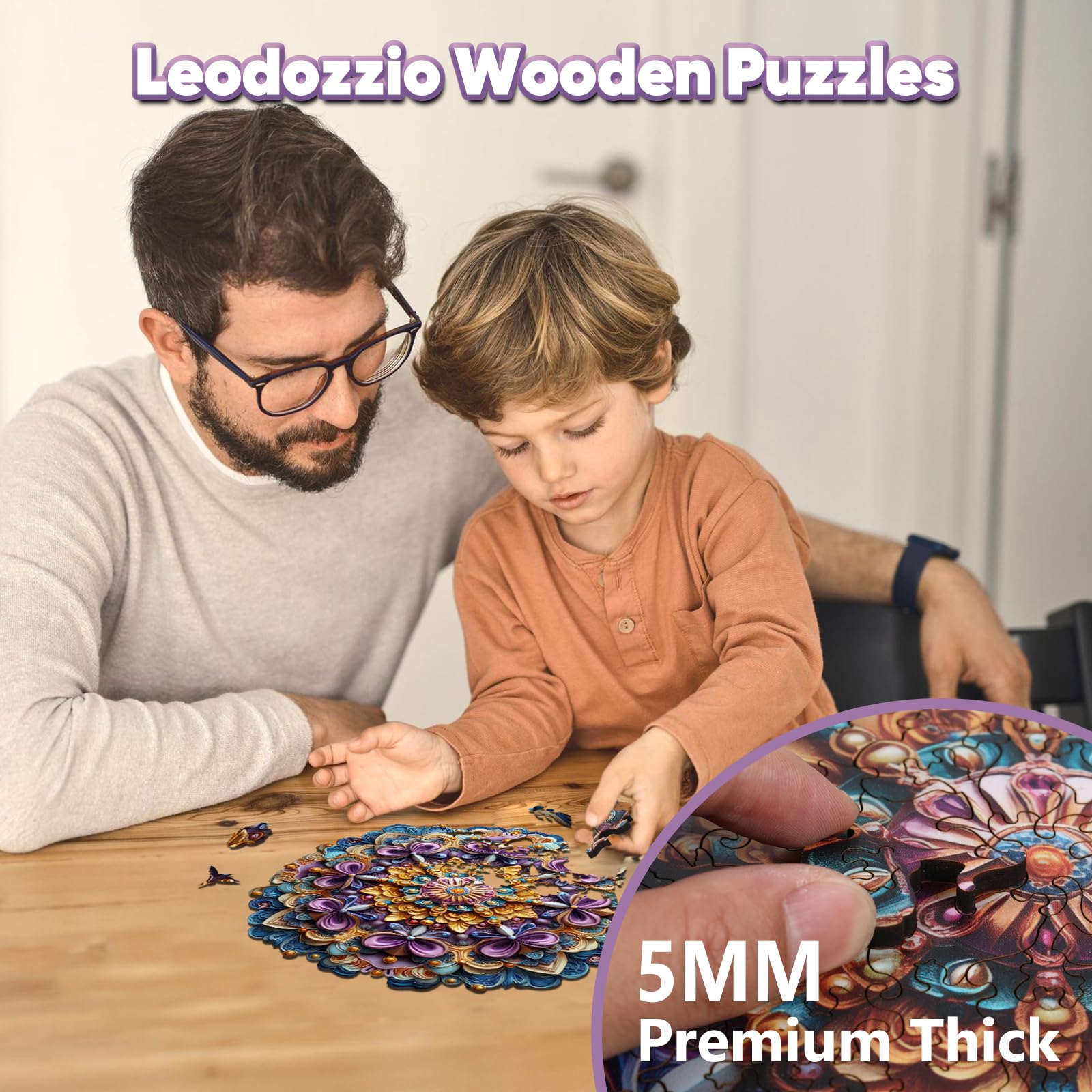 Leodozzio Mandala Purple Flower Wooden Puzzle – 200 Piece Shaped Jigsaw for Adults and Families