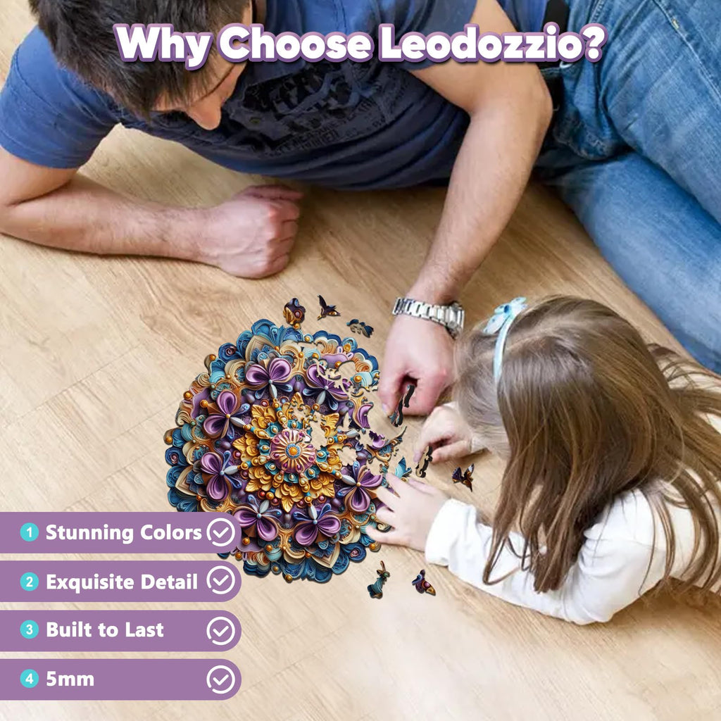 Leodozzio Mandala Purple Flower Wooden Puzzle – 200 Piece Shaped Jigsaw for Adults and Families
