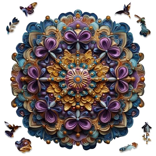 Leodozzio Mandala Purple Flower Wooden Puzzle – 200 Piece Shaped Jigsaw for Adults and Families