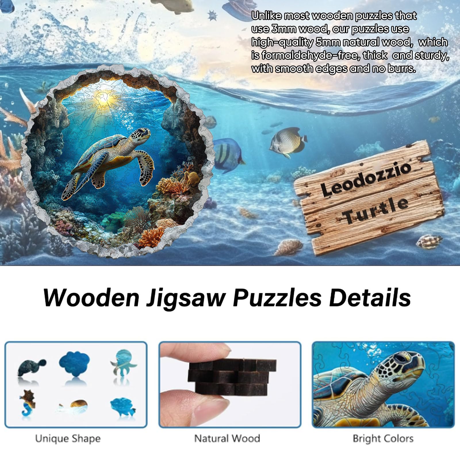 Leodozzio Wooden Sea Turtle Puzzle – 200 Pieces, 5mm Thick, Unique Rock-Edge Shapes