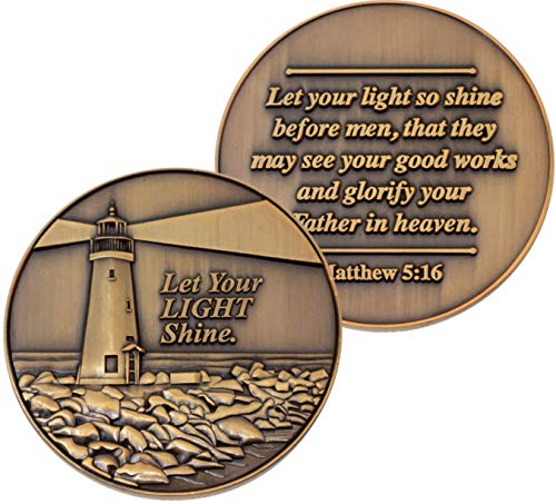 Let Your Light Shine Christian Challenge Coin - Antique Gold Plated Pocket Token with Matthew 5:16 - Encouragement Gift