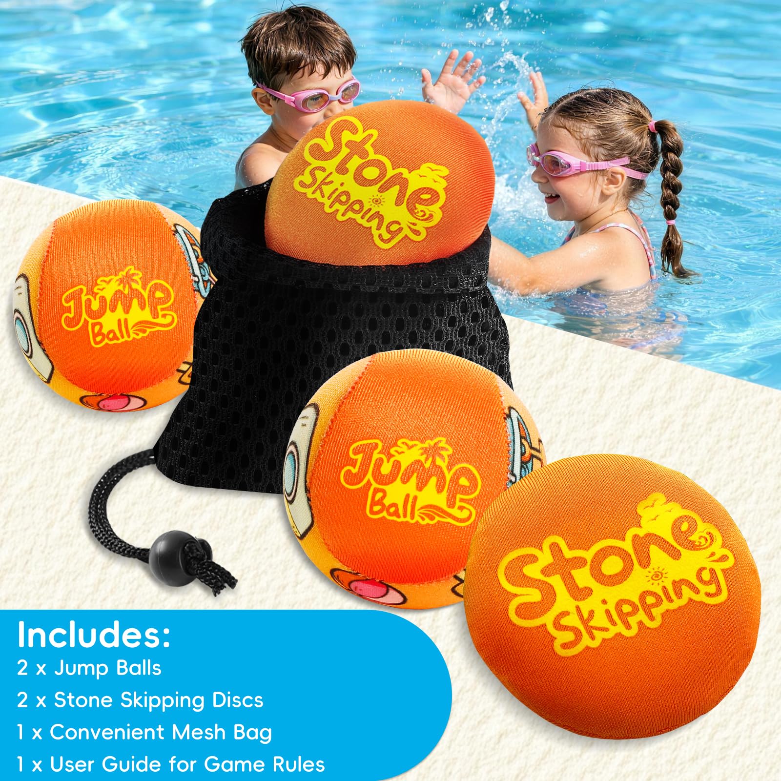 LETREEN 4-Piece Water Skipping Balls Set – Soft TPR Gel Bouncing Balls & Discs for Beach, Pool, Lake – Fun for Kids Ages 3+
