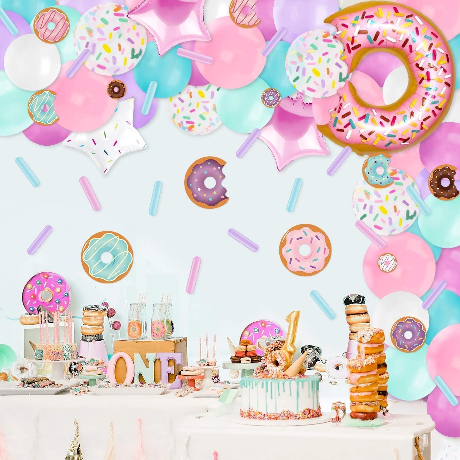 Levfla 100-Piece Donut Balloon Garland Kit – Pastel Party Decoration with Confetti, Cutouts, and Star Balloons