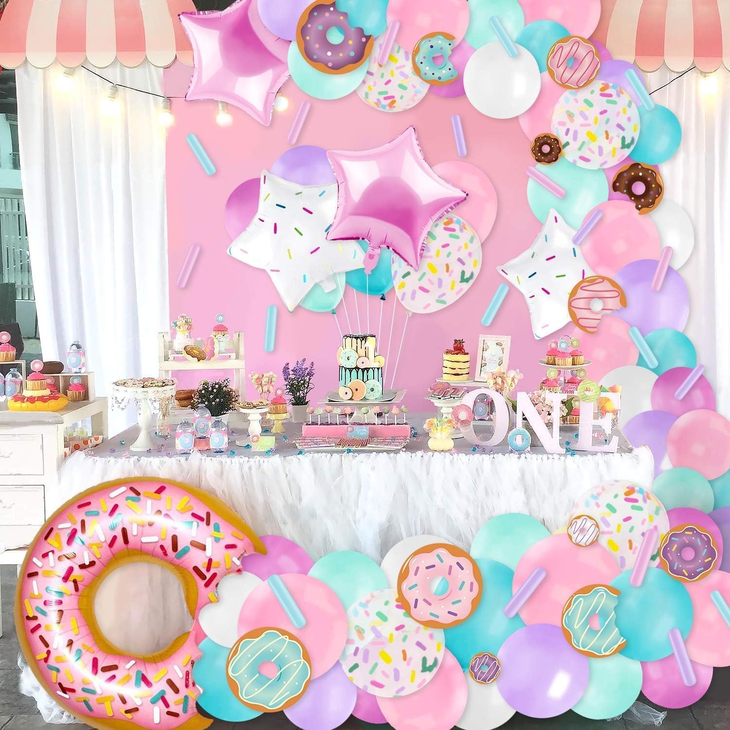 Levfla 100-Piece Donut Balloon Garland Kit – Pastel Party Decoration with Confetti, Cutouts, and Star Balloons