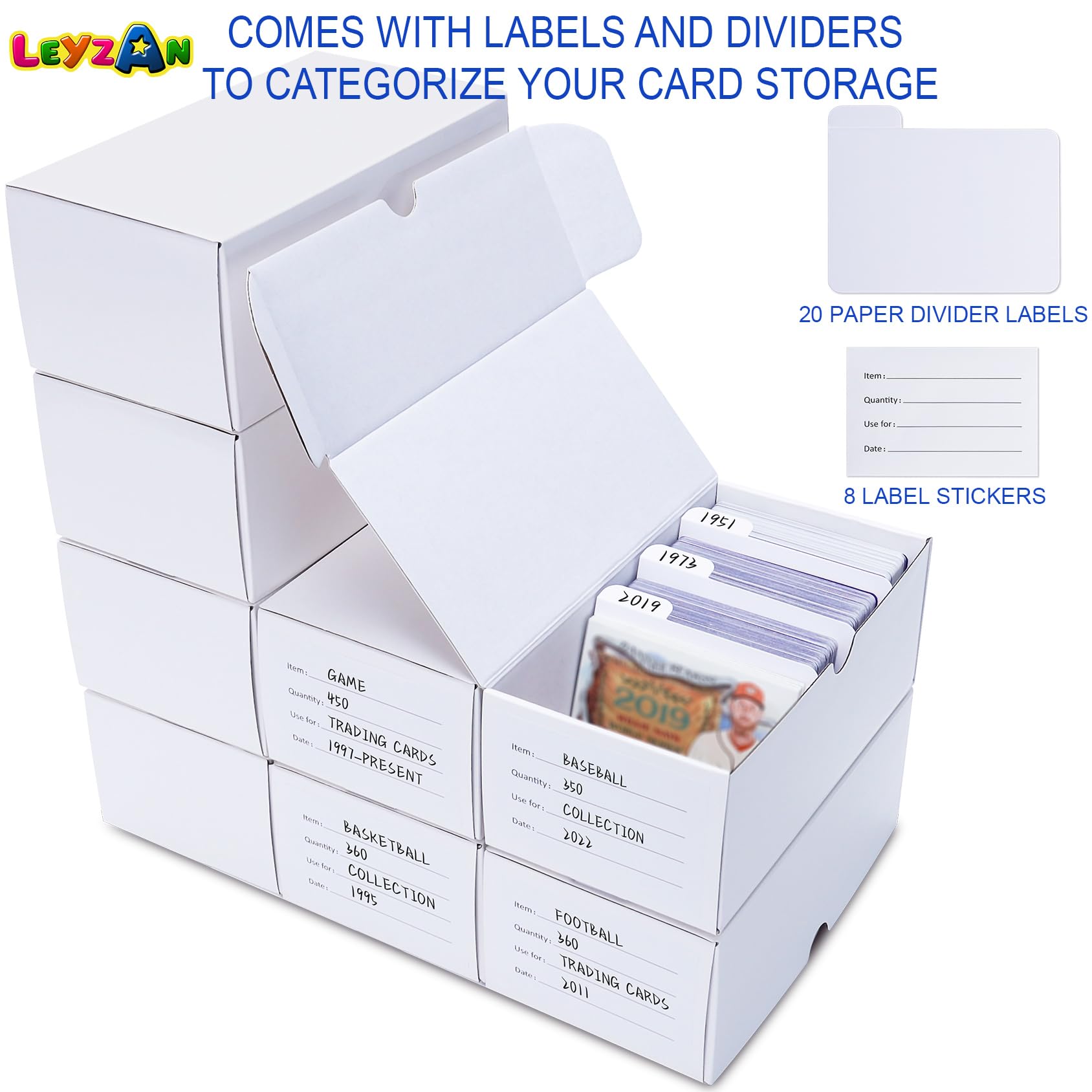 Leyzan 8-Pack Trading Card Storage Box – Holds 3200 Cards with Dividers & Labels