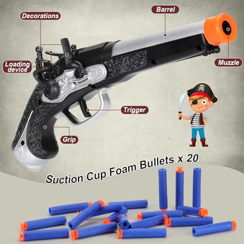 LEZKIDOL Pirate Foam Blaster Pistol - 20 Darts, 6m Range, Silver - Kids Costume Accessory