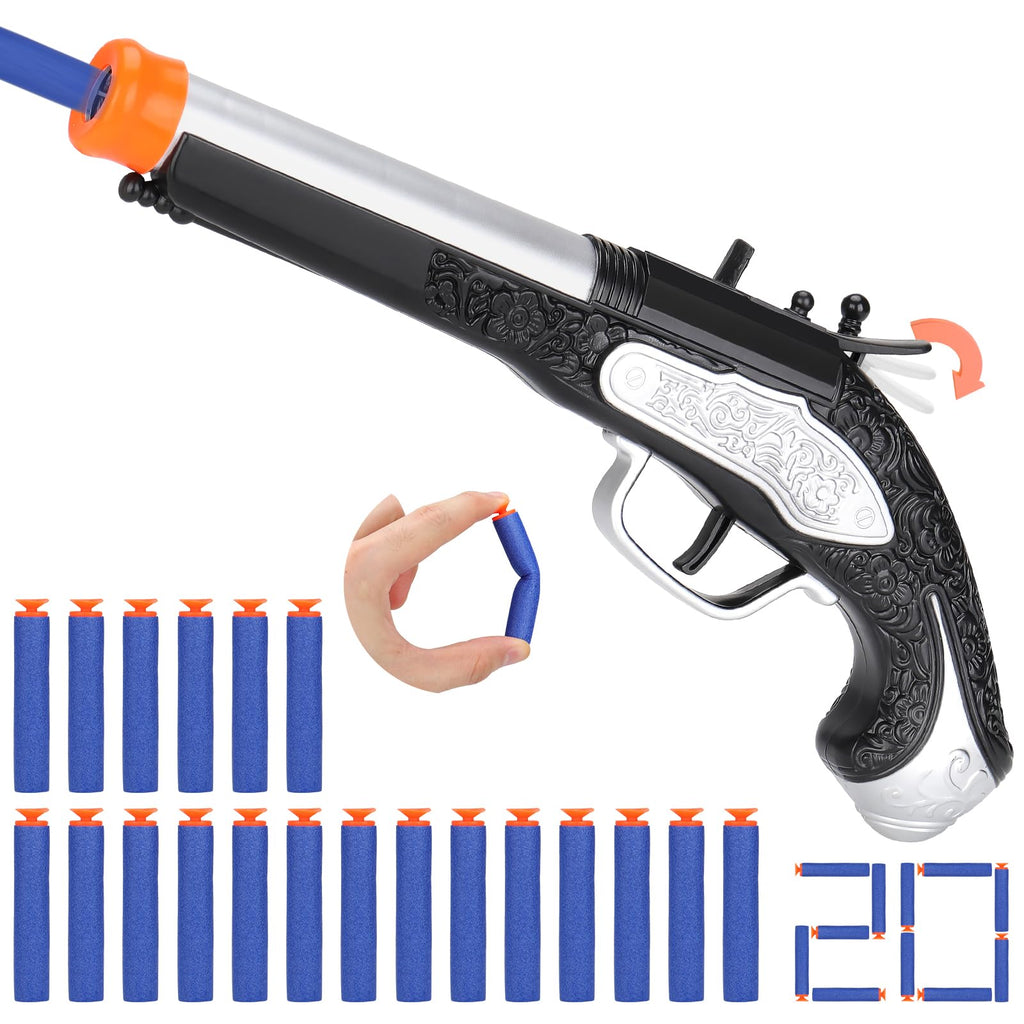 LEZKIDOL Pirate Foam Blaster Pistol - 20 Darts, 6m Range, Silver - Kids Costume Accessory