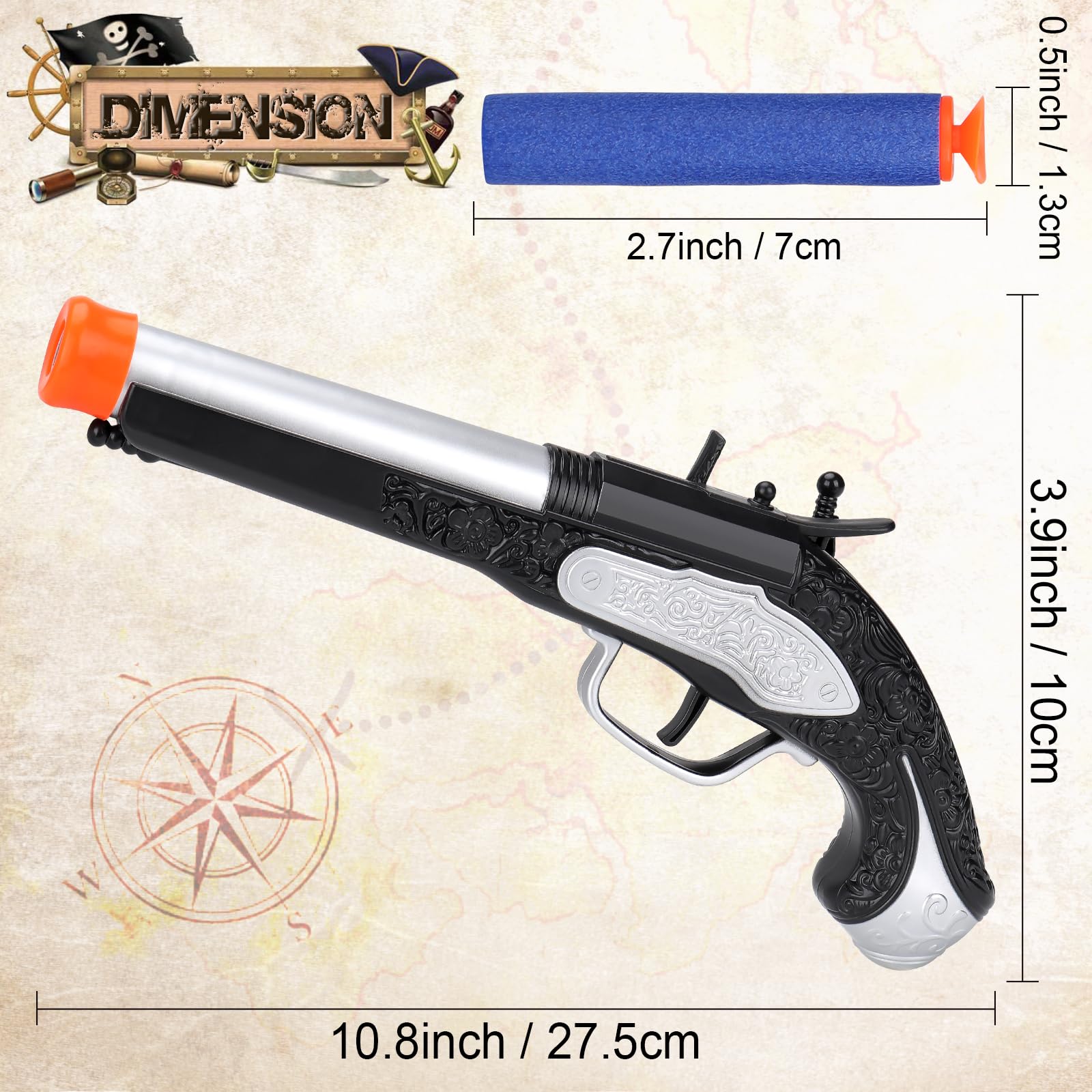 LEZKIDOL Pirate Foam Blaster Pistol - 20 Darts, 6m Range, Silver - Kids Costume Accessory