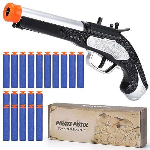 LEZKIDOL Pirate Foam Blaster Pistol - 20 Darts, 6m Range, Silver - Kids Costume Accessory