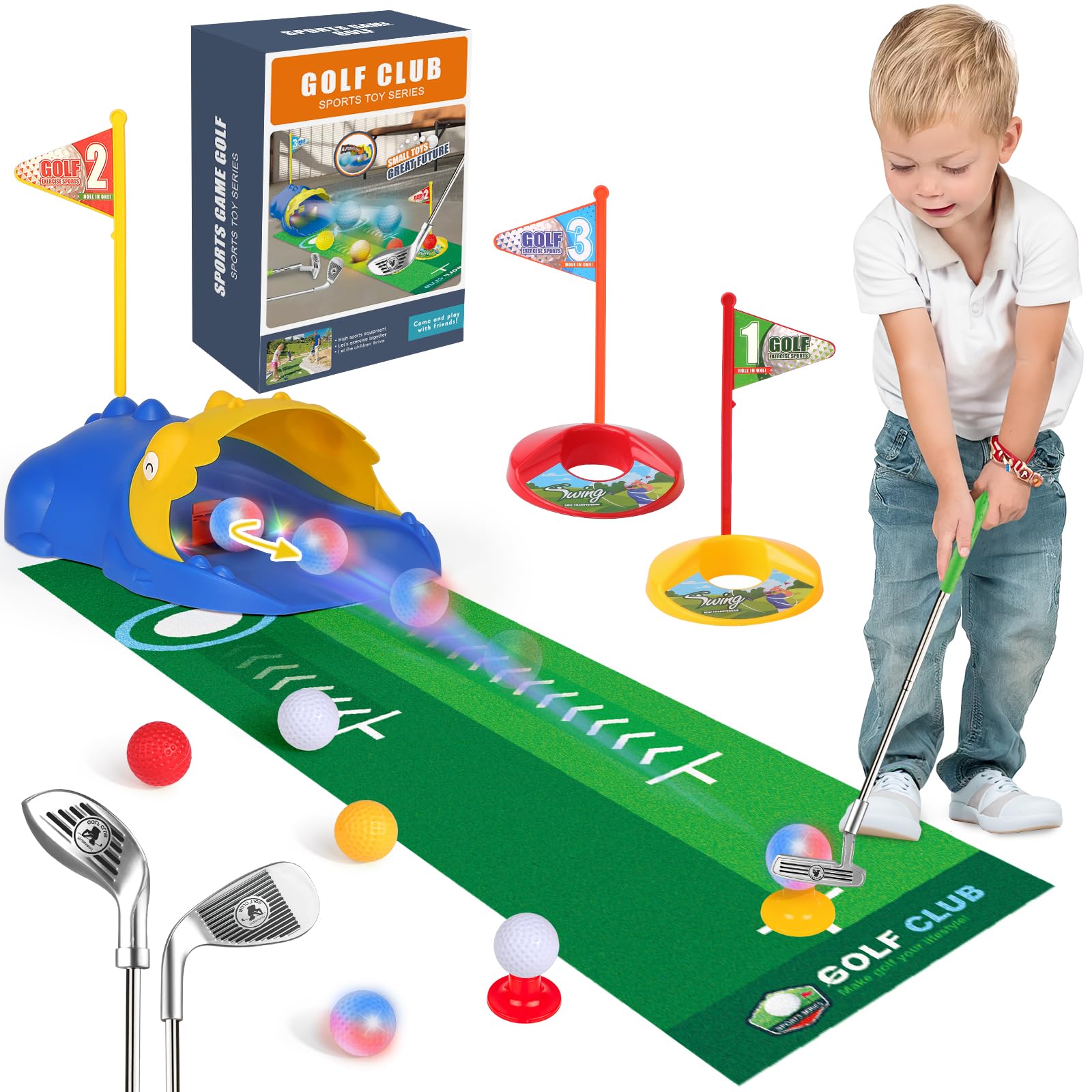 Liberry Kids Golf Set with Automatic Ball Return, Light-Up Balls, Adjustable Clubs for Ages 3-6
