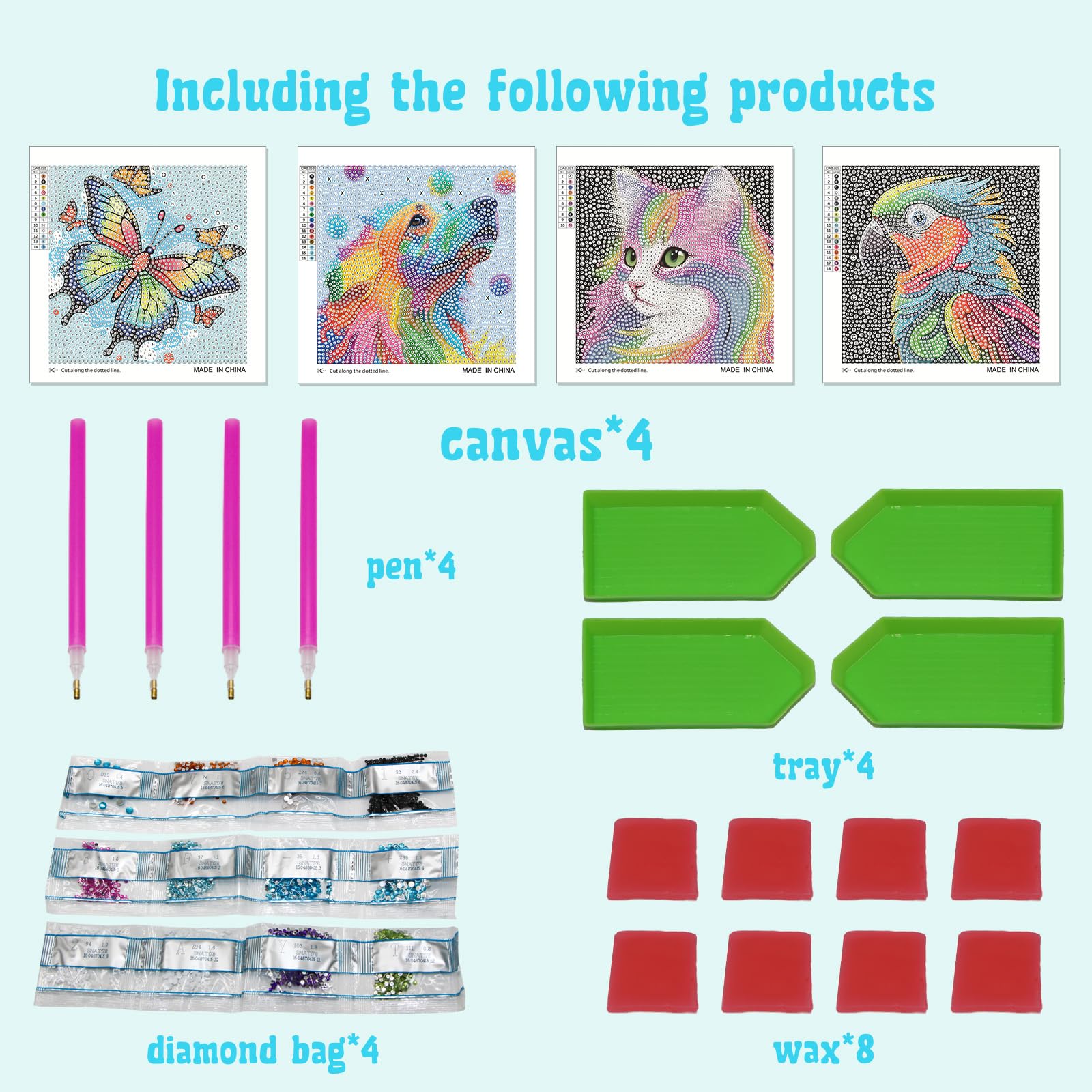 Libfx Diamond Art Kits for Kids 4-Pack – Beginner-Friendly Animal Diamond Painting for Ages 8-12 (Parrot & Cat)