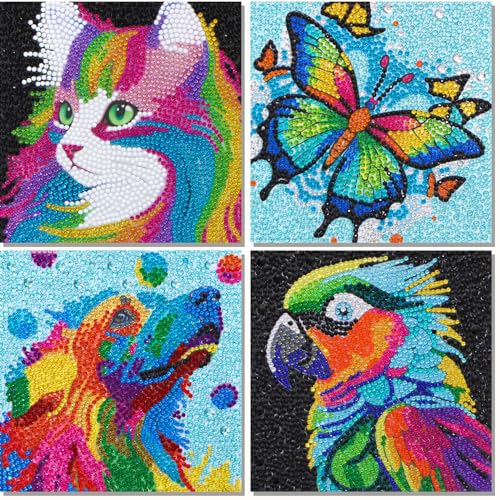 Libfx Diamond Art Kits for Kids 4-Pack – Beginner-Friendly Animal Diamond Painting for Ages 8-12 (Parrot & Cat)