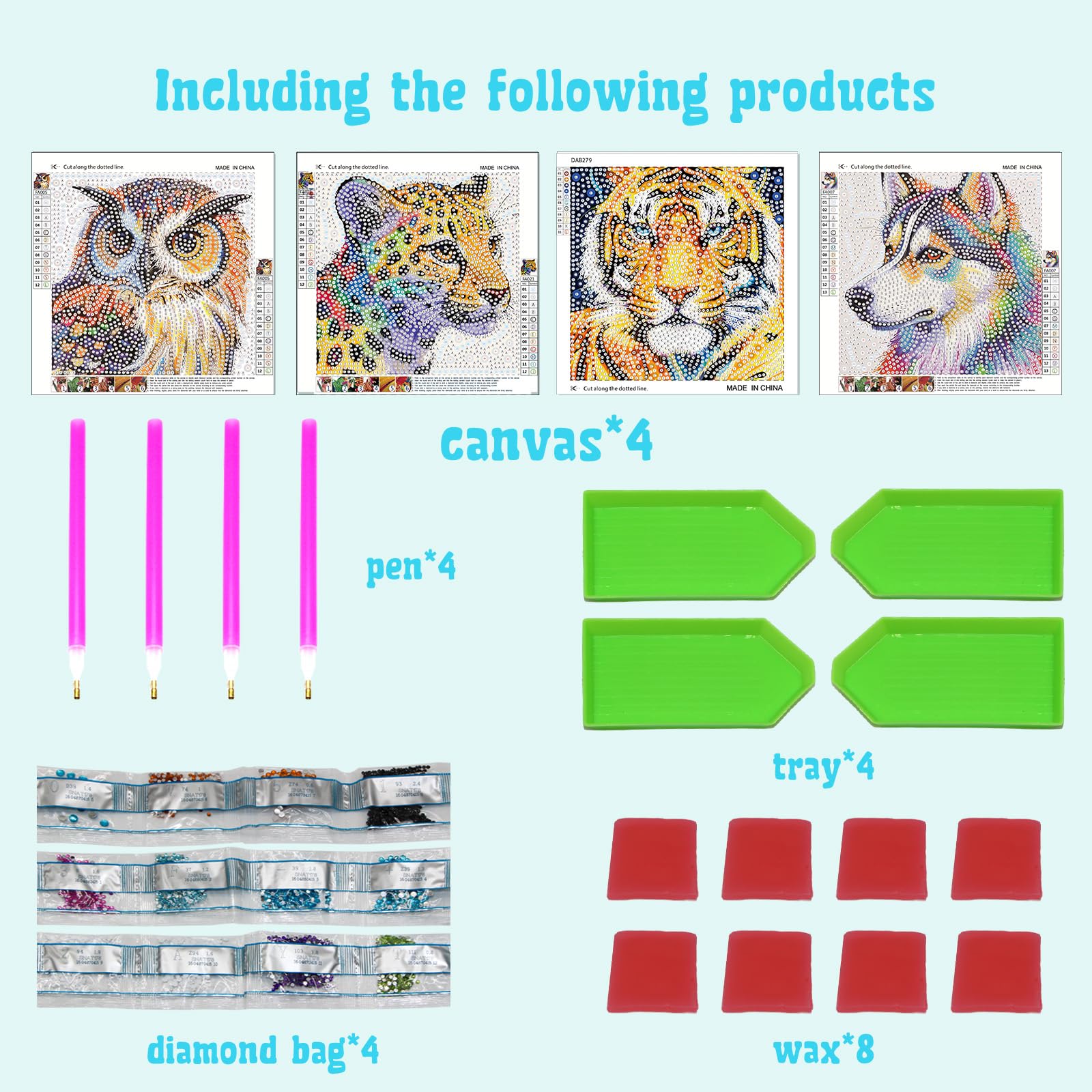 Libfx Diamond Art Kits for Kids 4-Pack – Tiger, Leopard, Owl, Dog Designs – Beginner-Friendly Craft for Ages 8-12