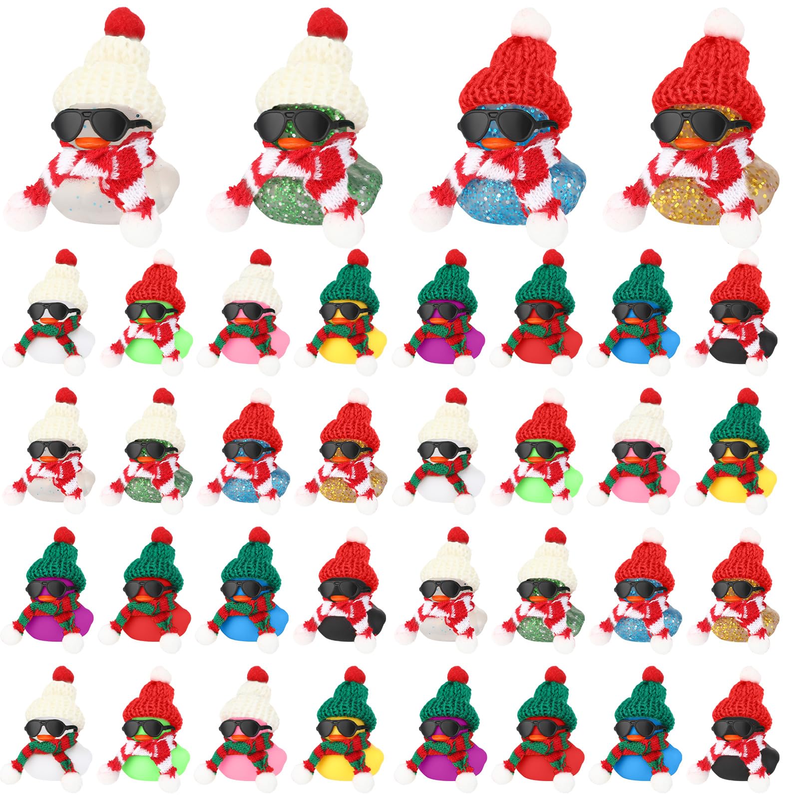Libima 12 Christmas Rubber Ducks with Mini Hats, Scarves, Sunglasses – Glitter Bath Toys & Car Decor