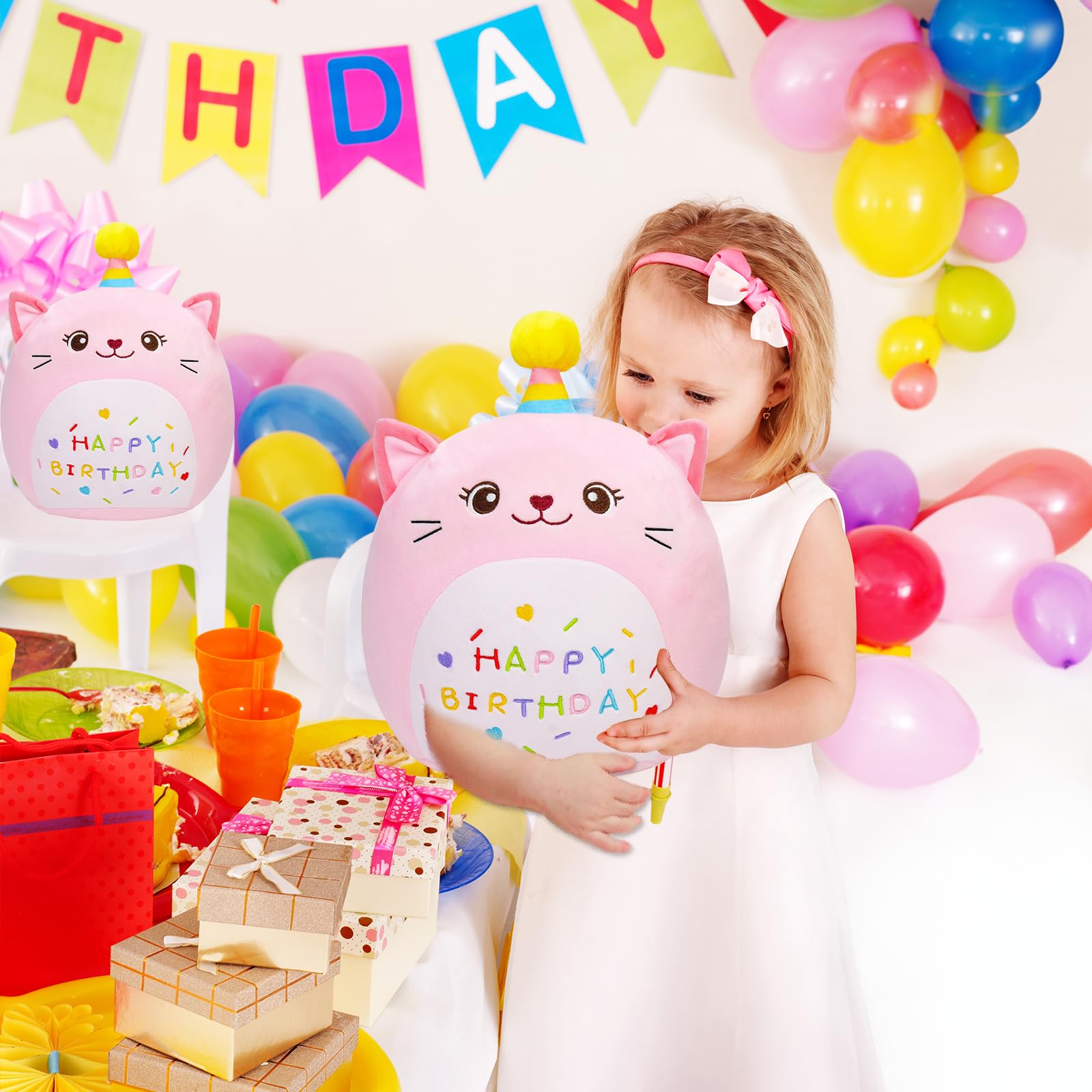 LICSOR 12-Inch Pink Cat Plush Toy with Unicorn Horn – Soft Birthday Stuffed Animal for Kids and Adults