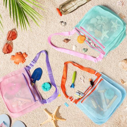 LIDAGO 3-Pack Kids Mesh Beach Bags with Adjustable Straps - Shell Collecting and Toy Storage