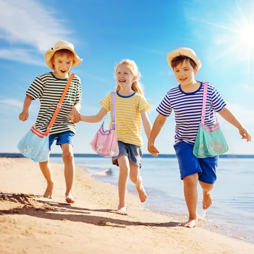 LIDAGO 3-Pack Kids Mesh Beach Bags with Adjustable Straps - Shell Collecting and Toy Storage