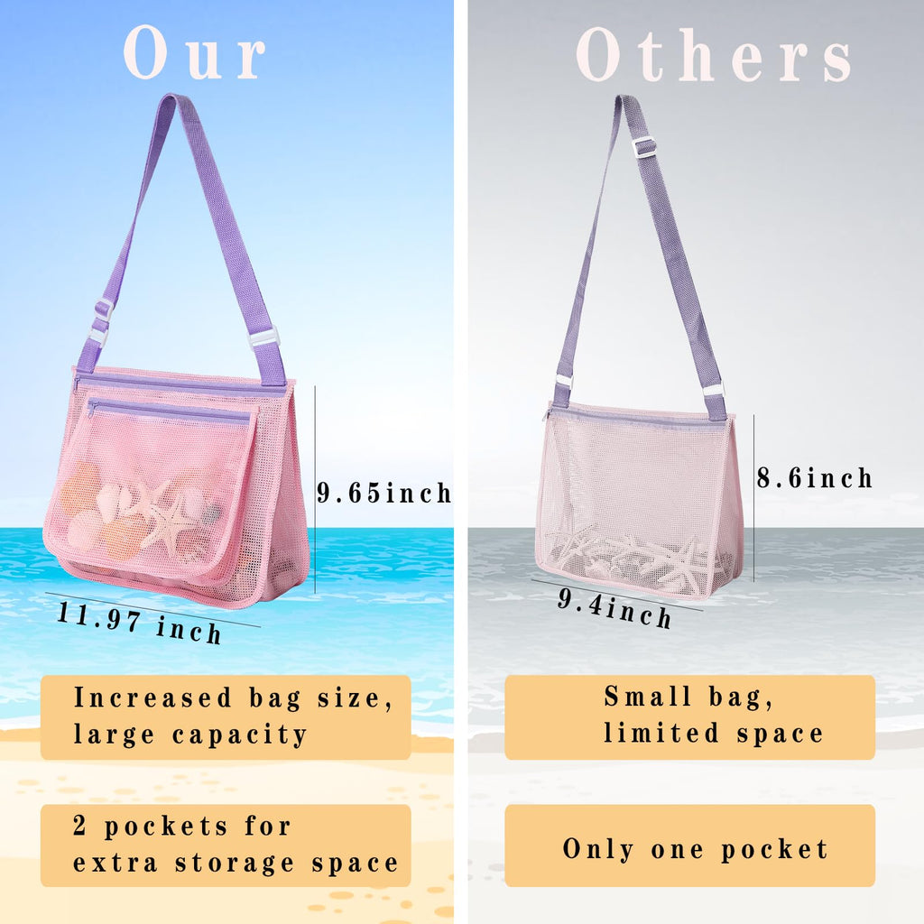 LIDAGO 3-Pack Kids Mesh Beach Bags with Adjustable Straps - Shell Collecting and Toy Storage