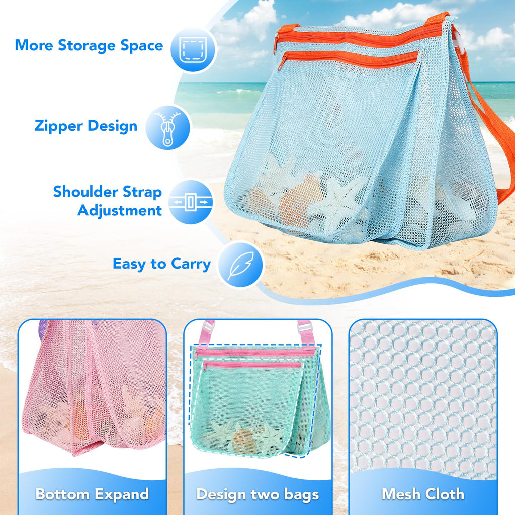 LIDAGO 3-Pack Kids Mesh Beach Bags with Adjustable Straps - Shell Collecting and Toy Storage
