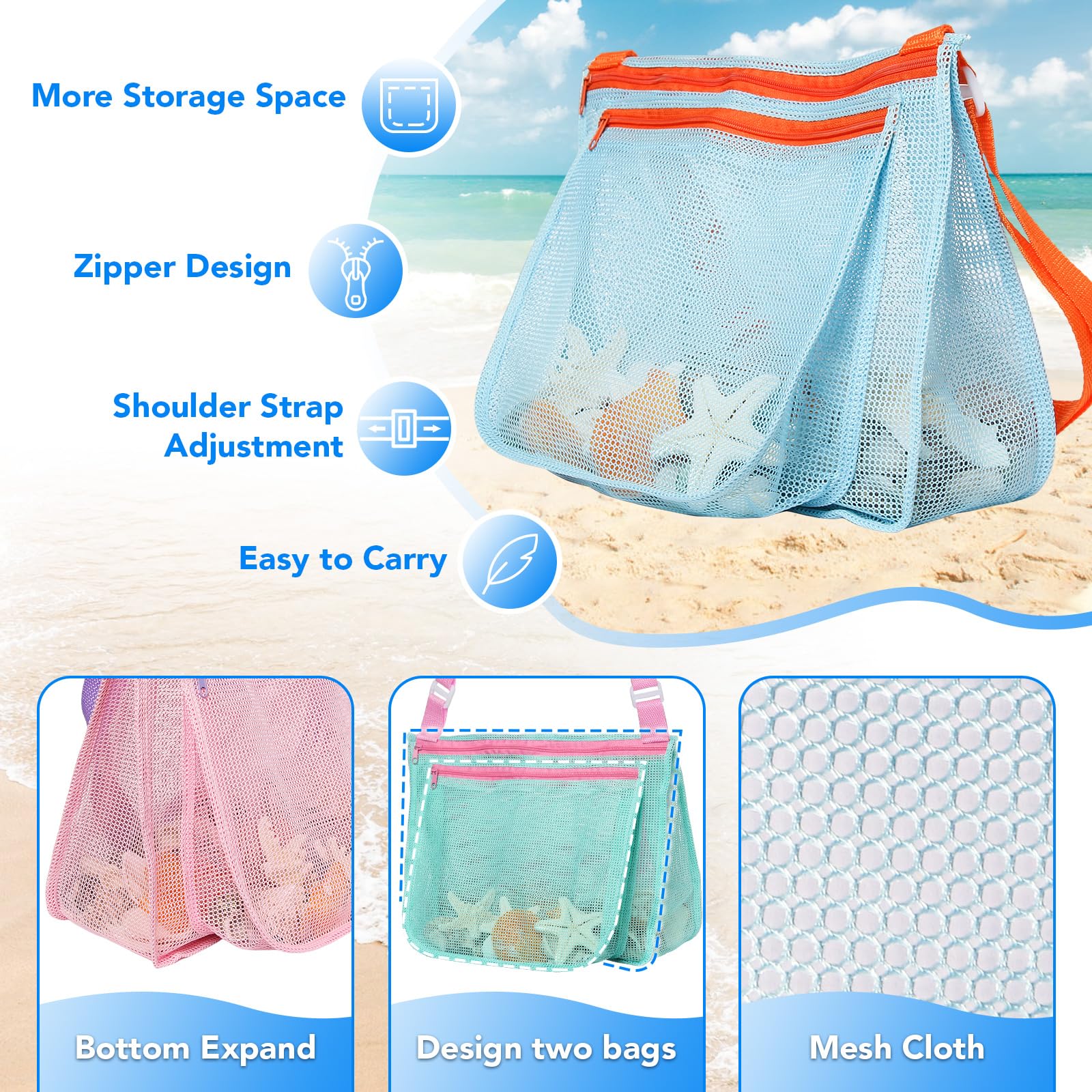 LIDAGO 3-Pack Kids Mesh Beach Bags with Adjustable Straps - Shell Collecting and Toy Storage